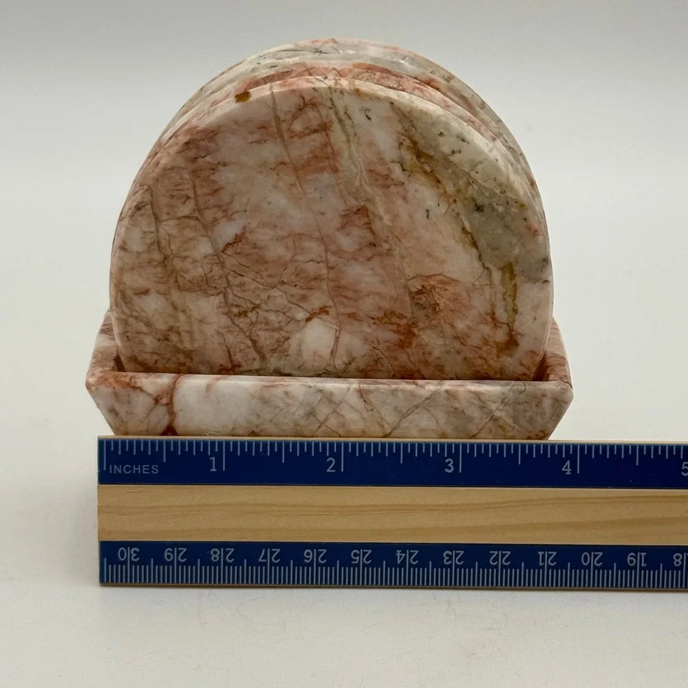 Vintage Pink Marble Coaster Set of 6 with Matching Holder Natural Stone Round